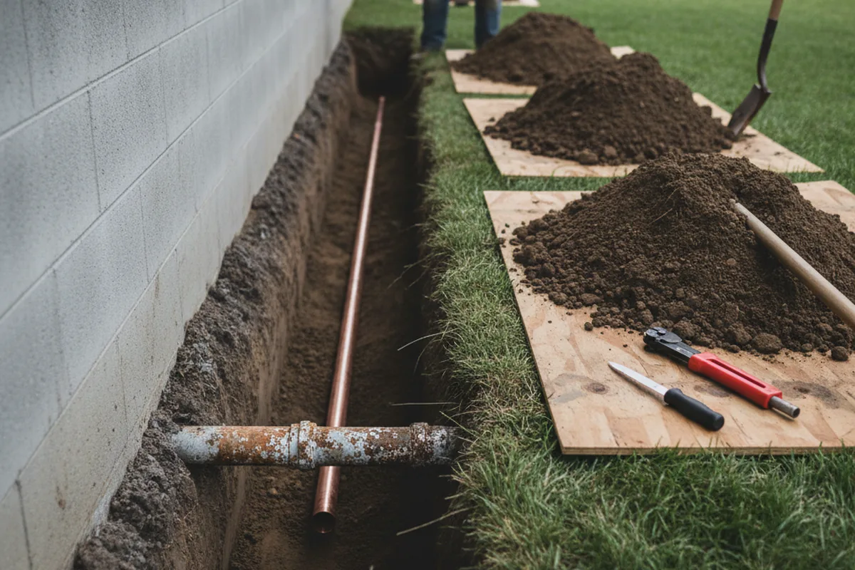 Excavated water line trench during Sewer Line Repair in Atco